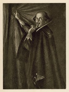 幕を持って「静かにしろ」と言うウィリアム・シェイクスピア（リトグラフ 作： Edmund Joseph Sullivan