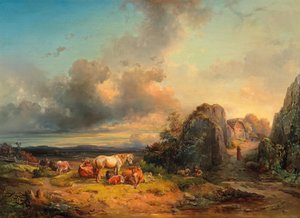 広大な風景を前にした動物の群れと具象のスタッフィング 作： Edmund Mahlknecht