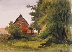 左に納屋のあるハムステッドの眺め、ハムステッド、カムデン、ロンドン、1842 作： Edmund Marks