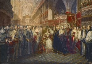 1838年6月28日、ロンドンのウェストミンスター寺院で行われたヴィクトリア女王の戴冠式 - グレートブリテンおよびアイルランド（1819-1901）の女王であるヴィクトリア女王の戴冠式がウェストミンスター寺院で行われました。 作： Edmund Thomas (after) Parris