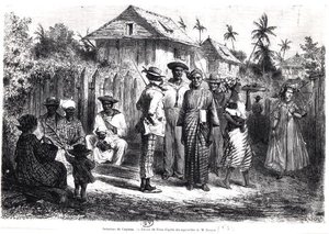 カイエンの原住民、M.ブイエの水彩画の後、アントワーヌ・ヴァレリー・ベルトラン（b.1823）が彫った（エングレーヴィング）（モノクロ写真） 作： Edouard (after) Riou