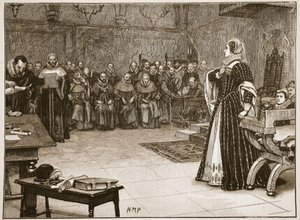 フォザーリンゲイ城でスコットランドのメアリー女王の裁判、「カッセルのイラスト入りのイングランドの歴史」（セピア写真）のイラスト 作： Edouard Berveiller
