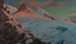 レ・グラン・ミュレ（モンブラン山塊）に到着する2人の登山家（油彩・厚紙） 作： Edouard Brun