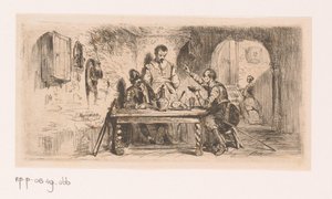 中庭のテーブルに座る 3 人の兵士。そのうちの 1 人は本を読んでいる 作： Edouard Hamman