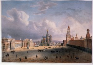 モスクワ (ロシア) の赤の広場の眺め。 Edouard Jean Marie Hostein (1804-1889) の作品、水彩で着色されたリトグラフ、1830 年頃、19 世紀のフランスの芸術。 A. プーシキン記念博物館、サンクトペテルブルク。