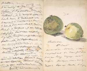 1880 年 8 月 2 日、2 つのリンゴで飾られたウジェーヌ マウスへの手紙。 作： Édouard Manet