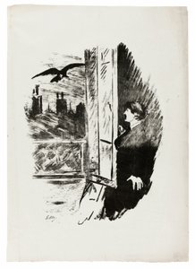 窓辺で (「ここを開けてシャッターを切った...」)、『大鴉』より (ル・コルボー) 作： Édouard Manet