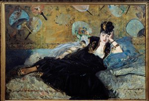 La dame aux eventails ou "Portrait de Nina de Callias (1844-1884) ou Nina de Villard" 彼女は19世紀末に非常に有名なサロンを開いていました。エドゥアール・マネ（1832-1883）による絵画 1873年 日1,13x1,66 m パリ、オルセー美術館 作： Édouard Manet