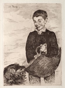 犬を連れた子供 買い物袋を持った子供 作： Édouard Manet