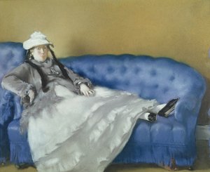 青いソファーのマダムマネ、1874年（紙にパステル） 作： Édouard Manet
