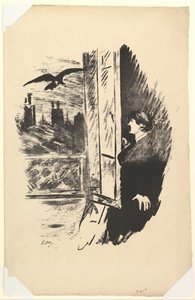 ここで開いて、シャッターを切りました。 エドガー・アラン・ポーによる「大鴉」の挿絵、1875年。 作： Édouard Manet