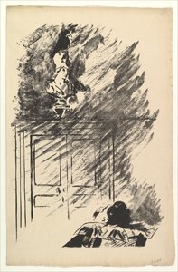 パラスの胸像に腰掛けています。 エドガー・アラン・ポーによる「大鴉」の挿絵、1875年。 作： Édouard Manet