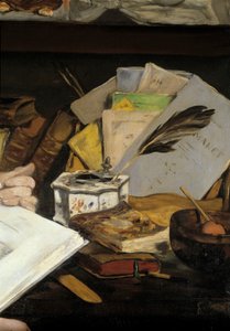 エミール・ゾラの肖像、詳細。ペン付きインクボウル、「マネ」を含む書籍。エドゥアール・マネ（1832-1883）の絵画 1868年 パリ、オルセー美術館