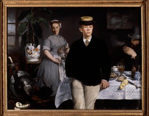アトリエでの朝食 エドゥアール・マネ（1832-1883）の絵画 1868年 日。1,18x1,54 m ミュンヘン、ノイエ・ピナコテーク - 工房での朝食。エドゥアール・マネ(1832-1883)の絵画 作： Édouard Manet