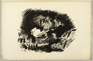 ランプの下で (「むかしむかし真夜中の退屈な...」)、「大鴉」より (ル・コルボー) 作： Édouard Manet
