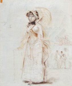 開いた傘で歩く女性。オープンパラソルを持った散歩中の女性、1880年 作： Édouard Manet