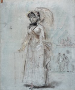 開いた傘を持って歩く女性、1880年