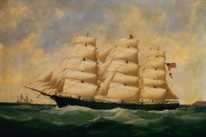 米国の帆船、ルアーブル沖のセルビア（キャンバスに油彩） 作： Edouard Marie Adam