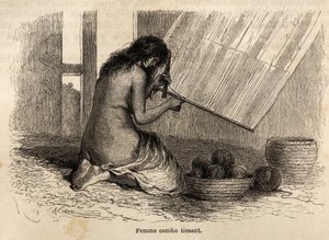 1848年から1860年にかけてP.マルコイが行った太平洋から大西洋への航海を描くためにリウが描いたペルーのインド人コニボの機織り。エドゥアール・シャルトン編『Le tour du monde』に掲載された図版 作： Edouard Riou