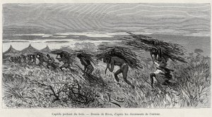 潅木の中で薪を運ぶ捕虜たち。1887年から1889年にかけて、船長ルイ・グスタフ・ビンガー（1856-1936）が、エドゥアールの指導の下、『Le tour du monde, nouveau journal des voyages』に掲載した「ニジェールからギニー湾まで」の物語を説明するために、リウが描いた版画。 作： Edouard Riou