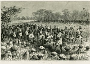 カラッサを出発し、ポーターと一緒に椅子に座っている語り手の旅行者。1883年から1885年にかけて、船のアンサインを務めたVictor Giraud（ヴィクトル・ジロー）が、Edouard C.の指揮の下、1887年のツアー・デュ・モンドに参加した際の物語「Les lacs de l