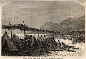 1868年の地震と火山噴火の後、被災者のためにケアウホウで行われた食料の配給。1855年から1869年にかけてのサンドウィッチ諸島への航海を描いたE.Riouの絵の後に、C.de Varignyが彫ったもので、「Le 作： Edouard Riou