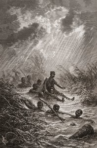1872年のアフリカへの遠征中にポーターによって沼地に運ばれていたデビッドリビングストン博士。チャールズラプラントが刻んだ「手の中の世界」のイラスト 作： Edouard Riou
