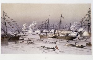 スエズ運河開通式のためのポートサイドへの鷲の入場 - リウ、マリウス・フォンテーヌ著「スエズ地峡を通って」にて 作： Edouard Riou