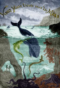 ジュール・ヴェルヌの小説『海底二万里』（1870年）の扉絵、エングレーヴィング、カラー化された文書。 作： Edouard Riou