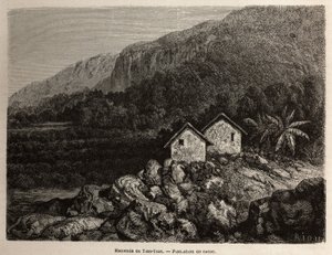 1848年から1860年にかけてのポール・マルコイの南米旅行を説明するために、ペルーのティエン・ティエンによるハシエンダとカカオ農園をリウが描いたもの。エドゥアール・シャルトン編『Le tour du monde』に掲載されている図版