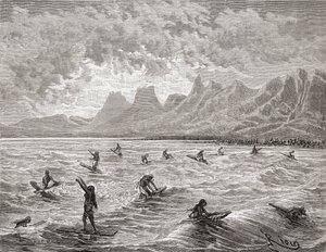 ハワイアンサーフィン、チャールズバーバント（1922年）によって刻まれた「世界の手」からのイラスト、1878年に公開（彫刻）