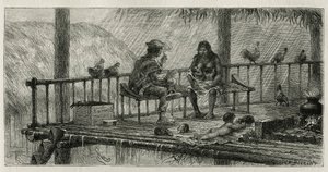 サンパブロの室内風景、雨を避けた家族、父親はシガリロを吸い、母親は二人の赤ん坊に乳を飲ませ、股間は小動物と戯れ、床の上でベトベトの皮の上で伸びをしている、ストーリーを説明するためにRiouが彫った作品 作： Edouard Riou