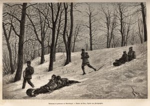 モントリオール近郊のモン・ロワイヤル高原でのリュージュとスケーター。1873年にH.デ・ラモットが行ったカナダと北の川への小旅行を描いたリウの絵の後に彫られたもので、1875年にエドゥアール・シャルトンが編集した「Le tour du monde」に掲載されている。