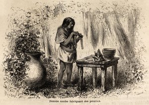 ペルーのコニボ族インディアンによる陶器の製造、1848年から1860年にかけてのP.マルコイの太平洋から大西洋への航海を説明するためにリウが描いたもの。エドゥアール・シャルトン編『Le tour du monde』に掲載された図版 作： Edouard Riou