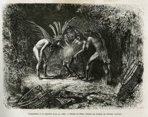 ルークーヤンインディアンのタバコによる医療燻蒸。1878年から1879年にかけて、フランス海軍の医師ジュール・クレヴォーが、エドゥアール・シャルトンの指揮の下、『Tour du monde』誌に掲載したCayenne aux Andesの物語を説明するためのリウの版画。