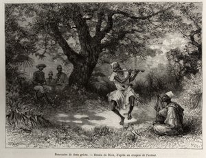 2人のグリオと出会い、日陰に座ってショーを楽しむビンガー船長。1887-1889年にルイ・グスタフ・ビンガー船長（1856-1936）が執筆した「ニジェールからギニー湾へ」の挿絵を描いたリウのエングレーヴィング（Le tour du monde, nouveau journal des voy 作： Edouard Riou