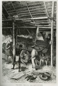 アマゾン河畔のインディアンによる探検家の小屋への朝の襲撃。1878年から1879年にかけて、フランス海軍の医師ジュール・クレヴォーが書いたカイエン・オ・アンデスの物語を説明するためにリウが描いたもので、「Tour du monde」に掲載されている。