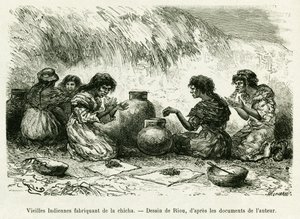 シーシャを作るインドの老女たち。ピルマヨデルタとブエノスアイレスとスクレの旅」の挿絵を描いたリウの版画 作： Edouard Riou