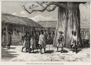 Palabre a Aouabou（コートジボワール）。アンノの宮廷での商取引の署名、著者の肖像画付き。1887-1年、キャプテン・ルイ・グスタフ・バンジェ（1856-1936）の「ニジェールからギニー湾へ」という物語を説明するためのリウによるエングレーヴィング。 作： Edouard Riou