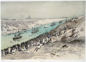 G.ニコルによるスエズ運河開通式」でのエルグイスルへの通過。1869 作： Edouard Riou