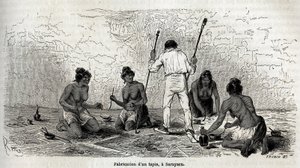 ポール・マルコイはサラヤク（ペルー）の未亡人たちと一緒にカーペット作りを学んだ。1848年から1860年までのポール・マルコイの太平洋から大西洋への旅を説明するために、リウが描いたもの。エドゥアール・シャルトン編『Le tour du monde』の図版
