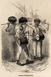 1848年から1860年にかけてのポール・マルコイの太平洋から大西洋への旅を説明するために描かれた、リウによるサラヤク（ペルー）での楽器演奏者たち。エドゥアール・シャルトン編『Le tour du monde』に掲載された図版 作： Edouard Riou