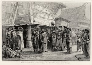スマトラ島北部の民族であるバタック族の少女が耳飾りをしている様子。ジュール・クレーヌ（1856-1939）の「マレーシアの一年」の挿絵としてリウが描いたもの。 作： Edouard Riou
