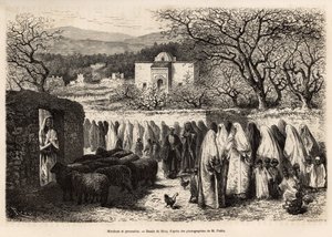Marabout de Tlemcen（イスラム教の名誉を受けた人物のドームを持つ墓）への行列、E.Riouの図面に基づいて彫られたもので、1875年にE.de LorralがTlemcen（アルジェリア）への航海を描いたもので、Edouard Char編集の "Le tour du monde" 1875に掲載されている。 作： Edouard Riou