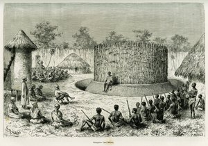部族長Mkweweのレセプション、語り手と。1883年から1885年にかけて、エドゥアール・シャルトン（1807-1890）の指揮の下、1886年のツアー・デュ・モンドに参加した船のアンサイン、ヴィクトール・ジローによる物語「赤道アフリカの湖」を説明するためのリウのエングレーヴィング。 作： Edouard Riou
