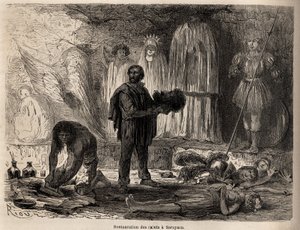 1848年から1860年にかけてのポール・マルコイの太平洋から大西洋への旅を説明するために、リウが描いたサラヤク（ペルー）の聖人像の修復図。エドゥアール・シャルトン編『Le tour du monde』に掲載されたエングレーヴィング 作： Edouard Riou