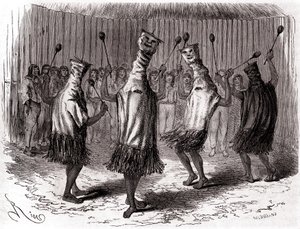 ペルーのティクナ・インディアンが変装と仮面をつけて踊る儀式ダンス 作： Edouard Riou