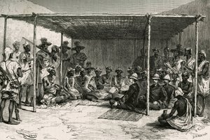1880年4月25日、司令官ジョセフ・ガリエーニ（1849-1916）とトコンタン・ケイタの間で結ばれた、キタ国（旧フランス領スーダン、現在のマリ）をフランスの保護下に置くための条約の調印式。auのスケッチをもとにRiouが作成した版画