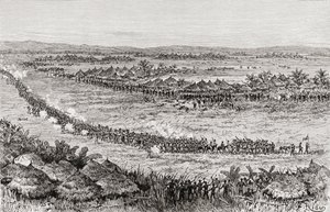 ヘンリーモートンスタンリーと彼の部下は、スクマ族の先住民に脅かされています、1890年（木の彫刻）