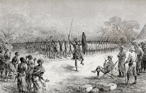 1890年、ウシリでマザンボニの戦士たちの指輪ダンスを見ているヘンリーモートンスタンリー卿（木の彫刻） 作： Edouard Riou